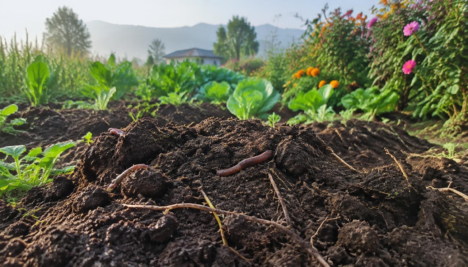 Dark, living soil with roots and earthworms in an organic vegetable bed in Nepal