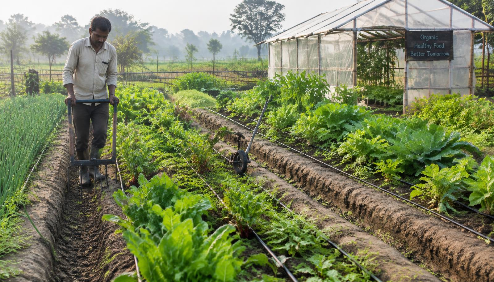 Narrow permanent vegetable beds densely planted on a small organic farm in Nepal