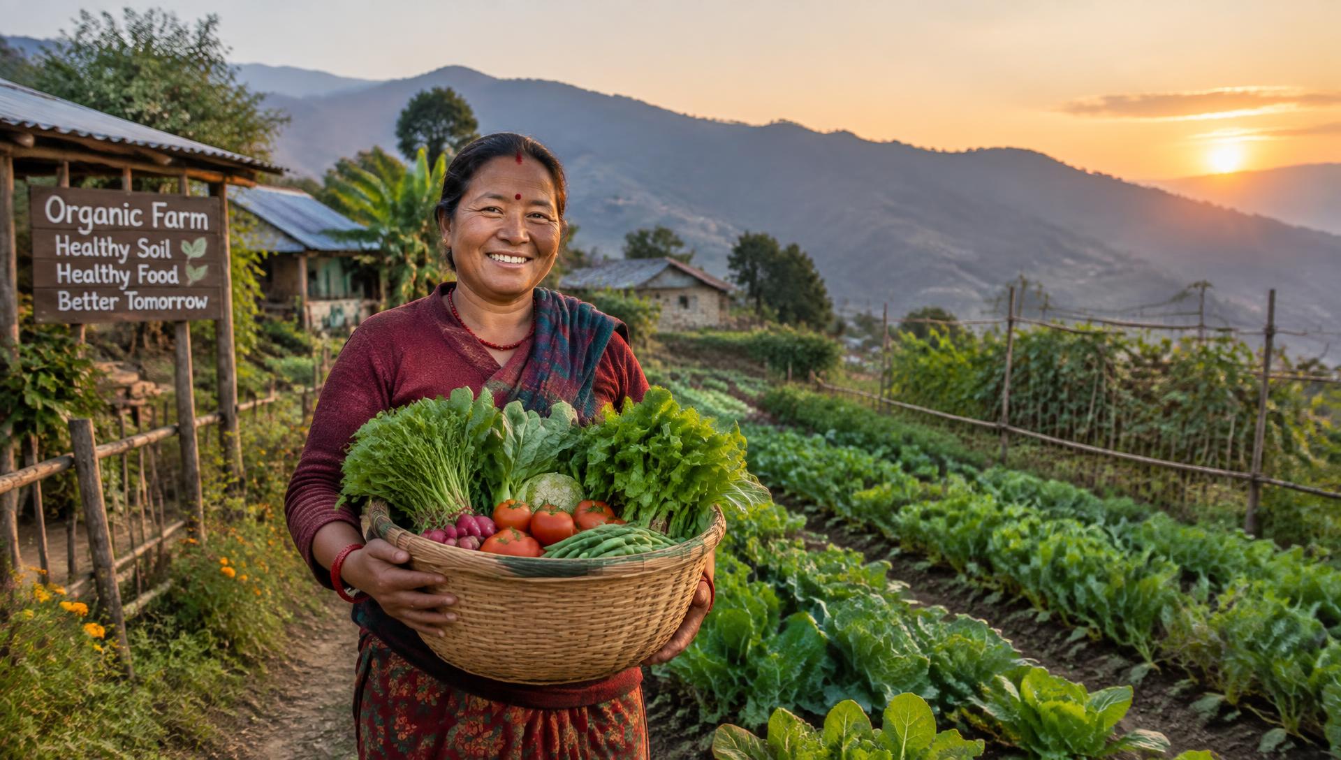 A smiling Nepali woman farmer holding a basket of harvested vegetables in front of her farm