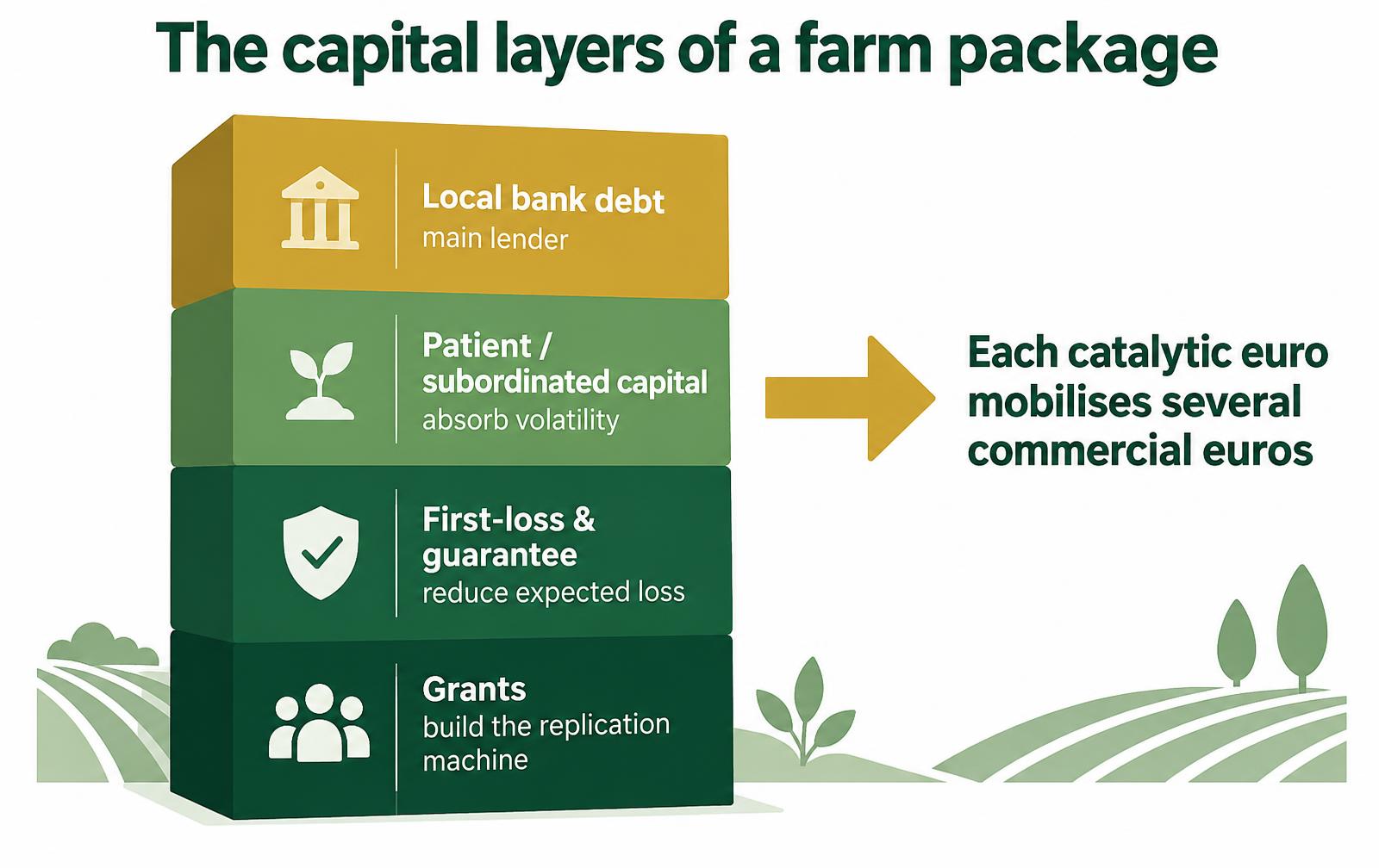 Stacked capital layers of a farm package: grants, first-loss and guarantee, patient capital, local bank debt