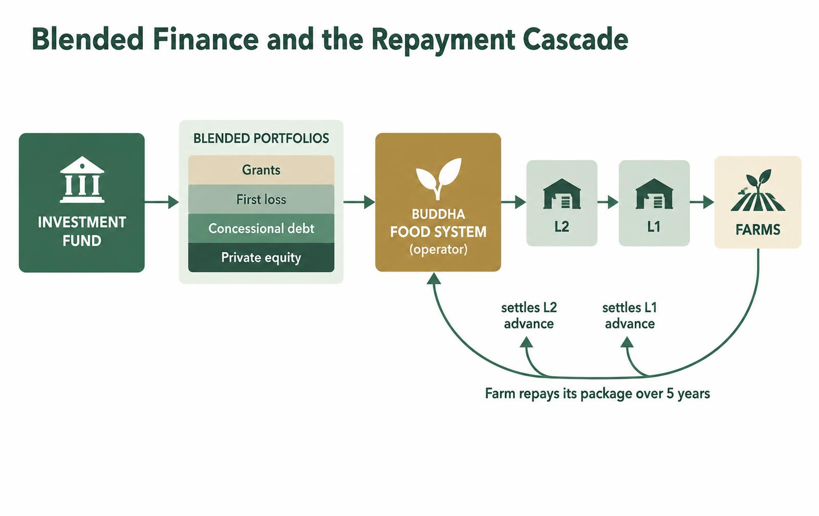 Blended finance flow from investment fund to portfolios, BFS, clusters and farms, with the repayment cascade