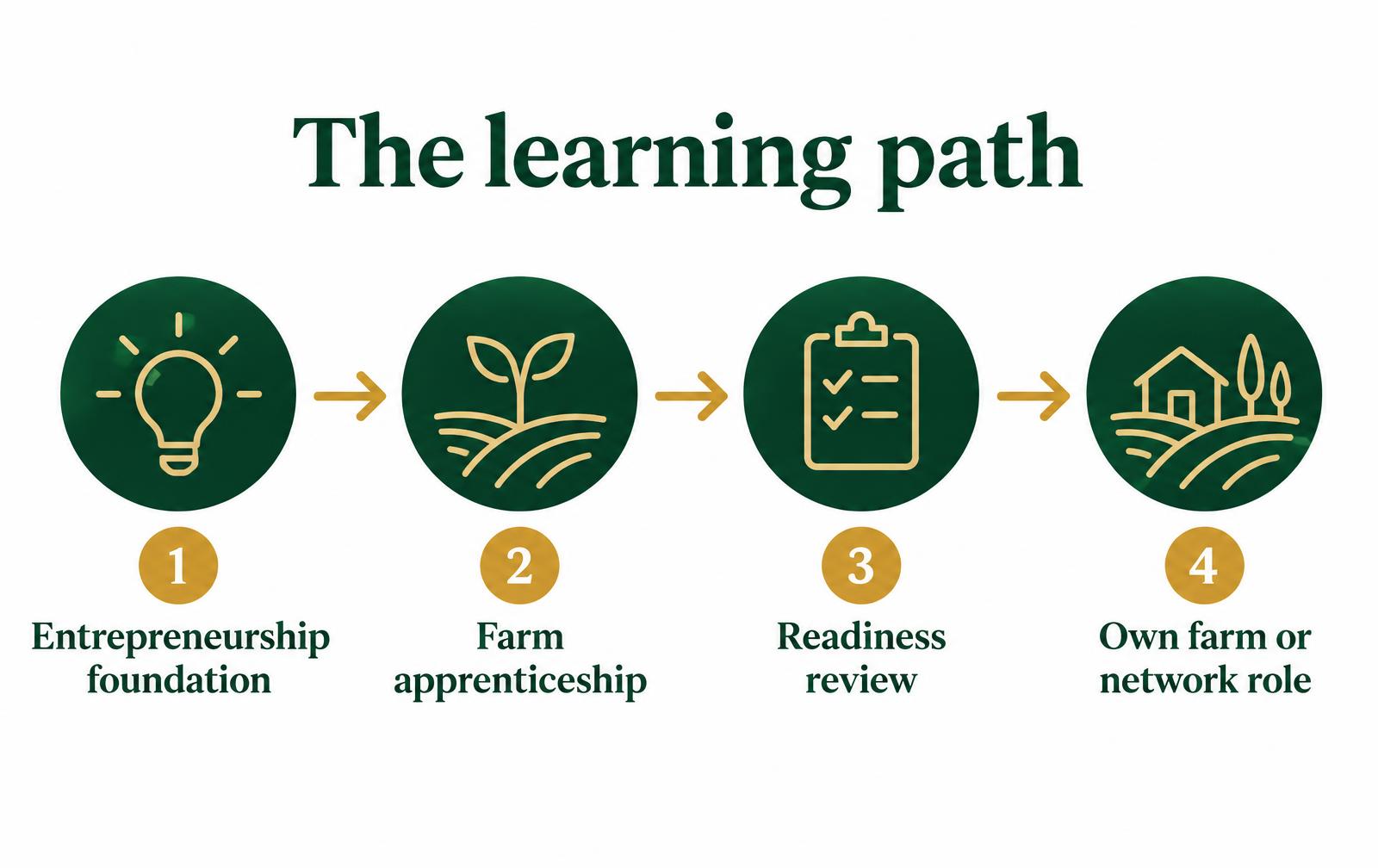 The learning path in four steps: entrepreneurship foundation, farm apprenticeship, readiness review, own farm or network role