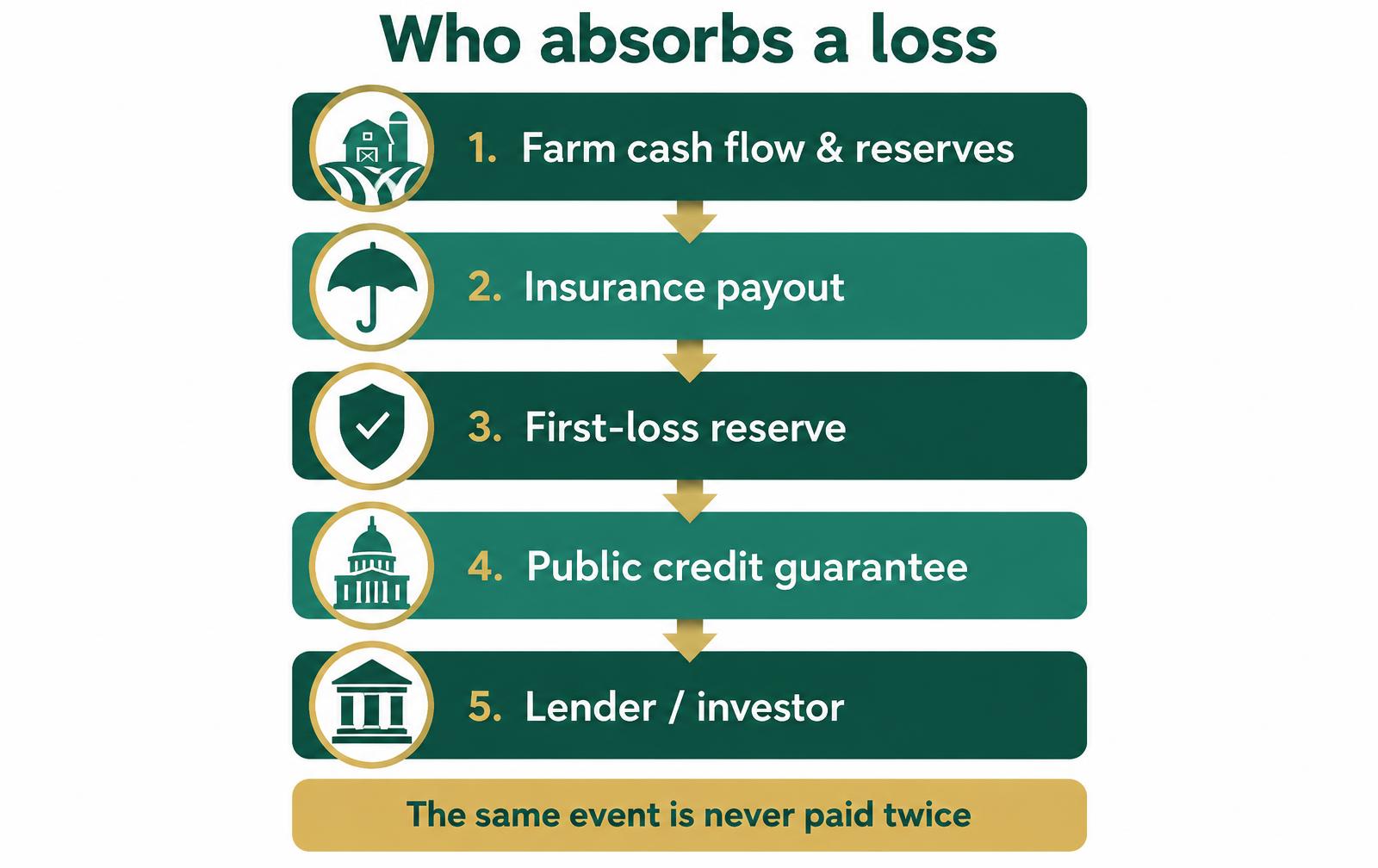 Loss waterfall: farm cash flow, insurance, first-loss reserve, public credit guarantee, lender