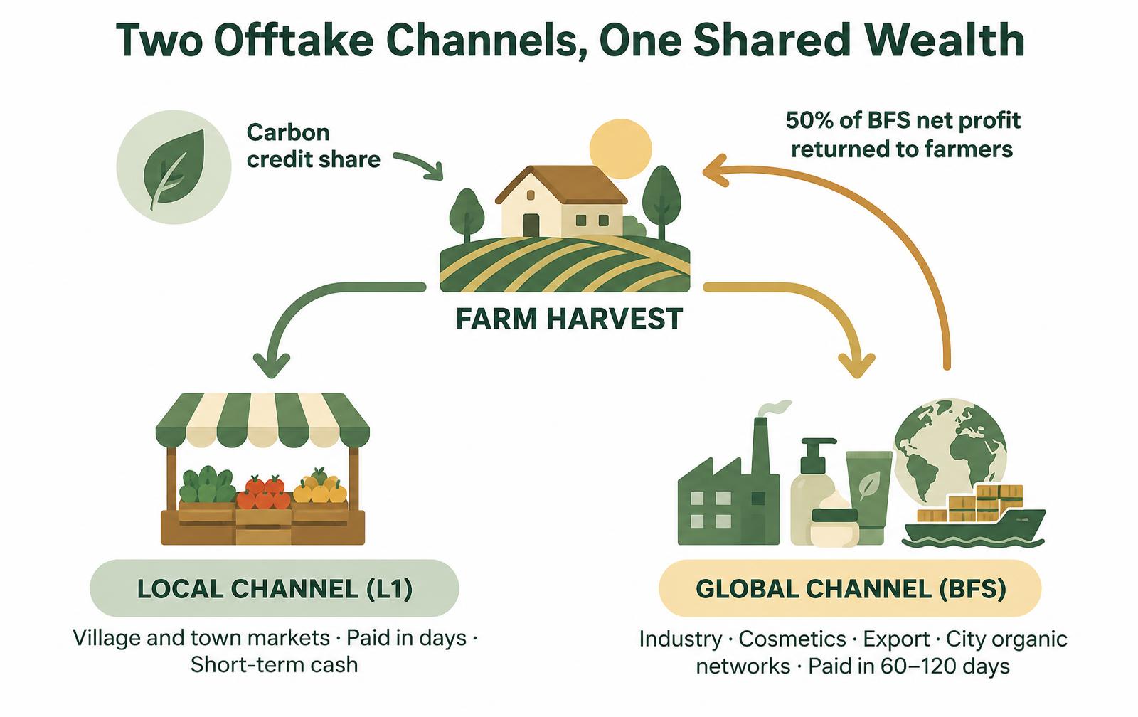 Two offtake channels, local via L1 and global via BFS, with profit and carbon sharing back to farms