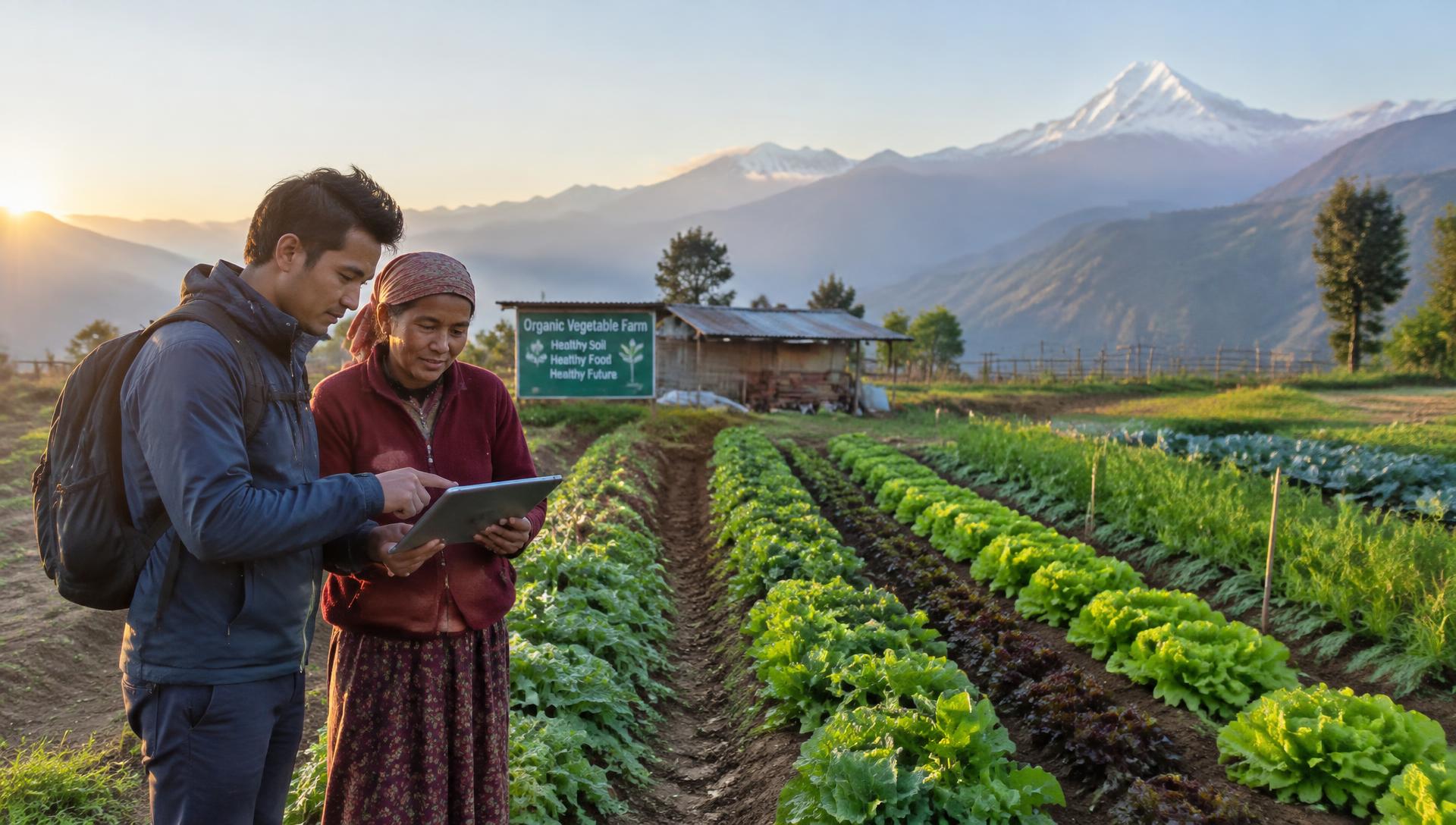 An agronomist and a farmer reviewing a crop calendar beside organic vegetable beds