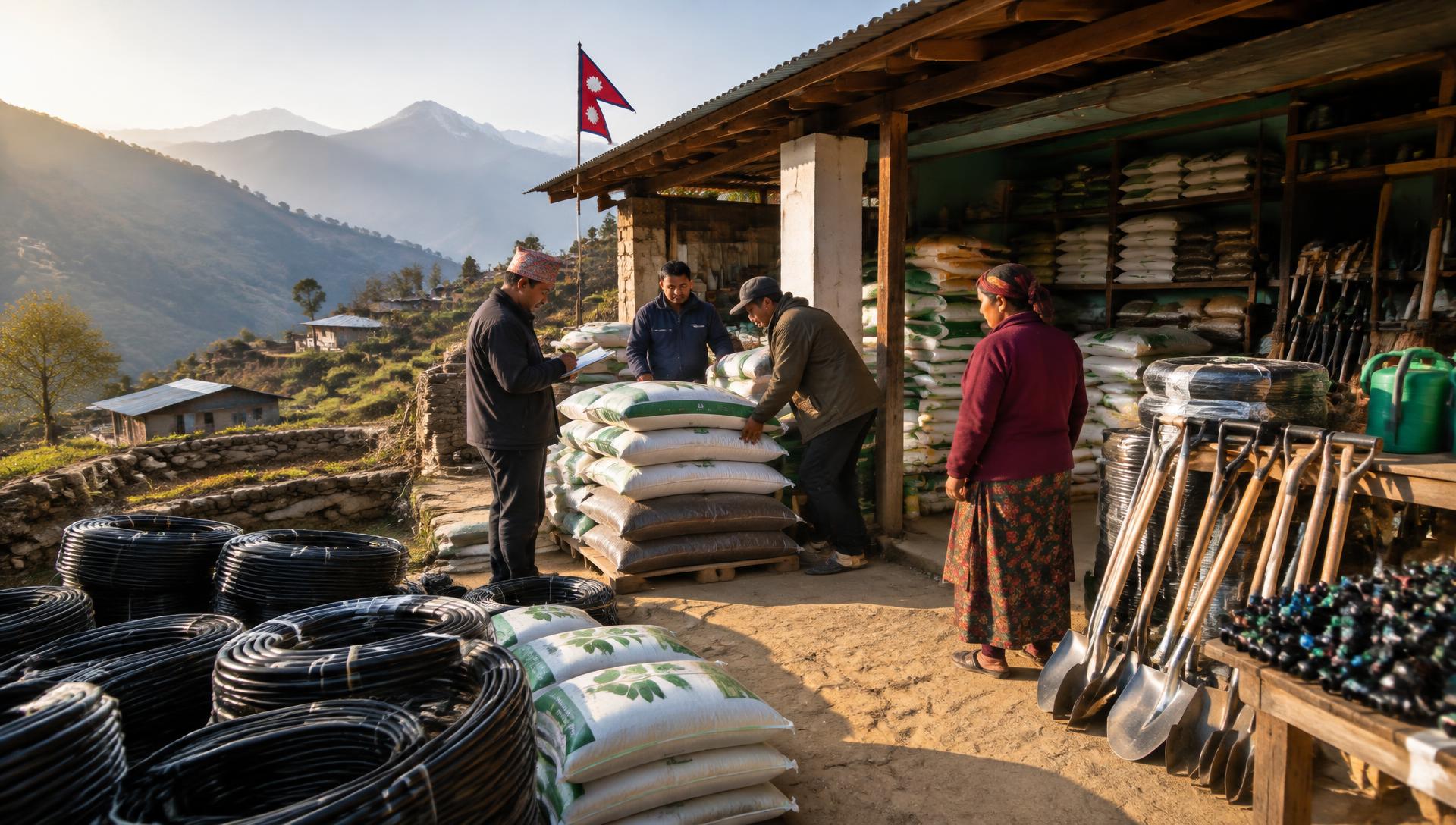 Sacks of organic seed and compost, irrigation pipes and tools at a rural cooperative store in Nepal