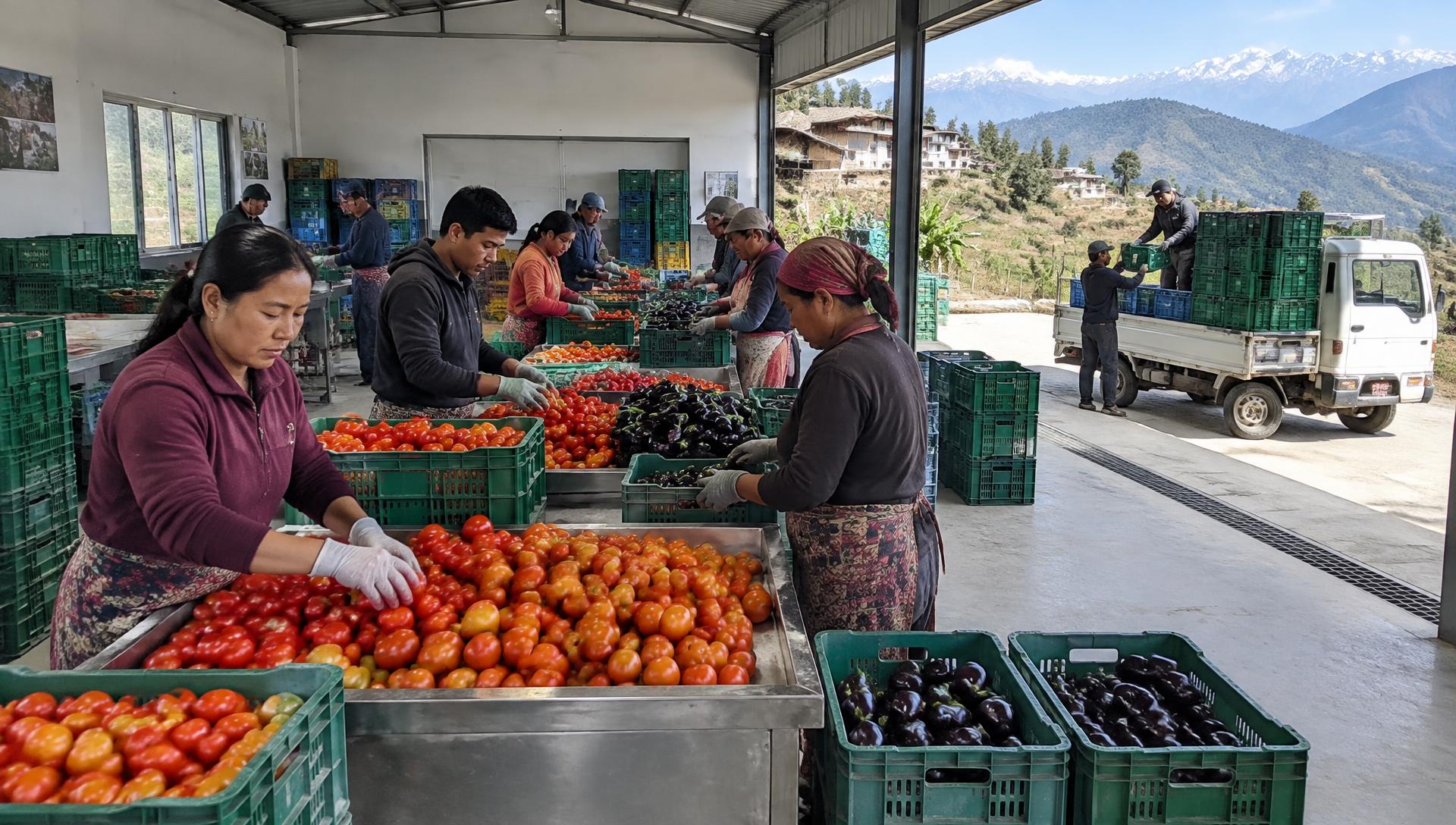 Workers sorting tomatoes and eggplants into crates in a rural packhouse, with a truck loading outside