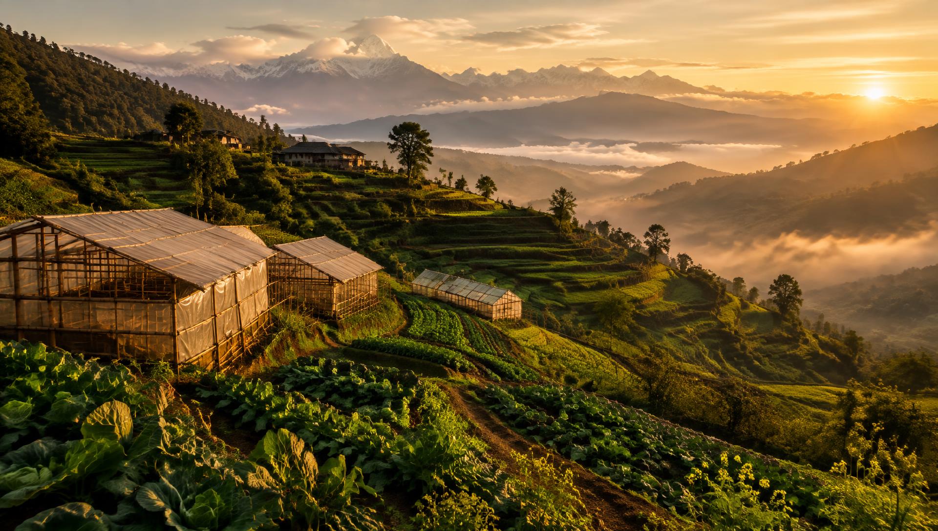 Terraced organic farms in the hills of Nepal at golden hour
